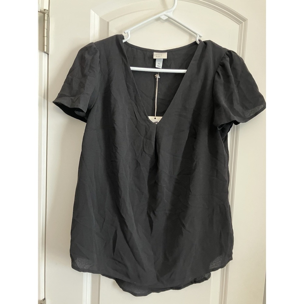 A New Day Blouse Women XS Black NWT Short Sleeve Rayon Blend V-Neck Top